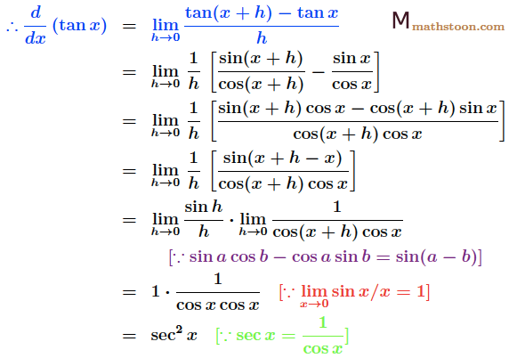 Derivative of tan x from first principle
