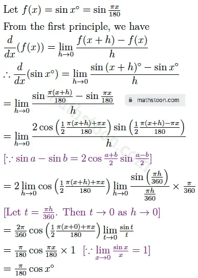 Derivative of sin x degree from first principle