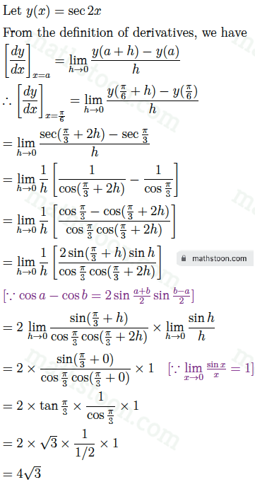 Derivative of sec 2x at x=pi/6 from first principle