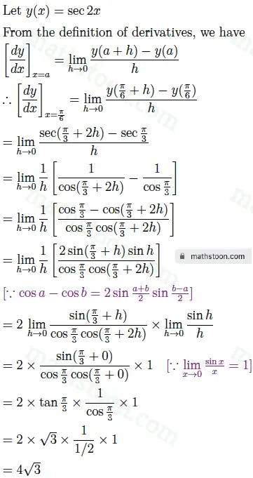 Derivative of sec 2x at x=pi/6 from first principle